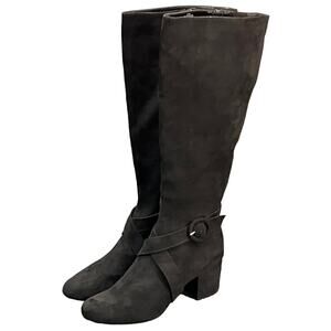 Nine West Black Faux Suede Cross Strap Block Heel Tall Riding Boot Women 8.5